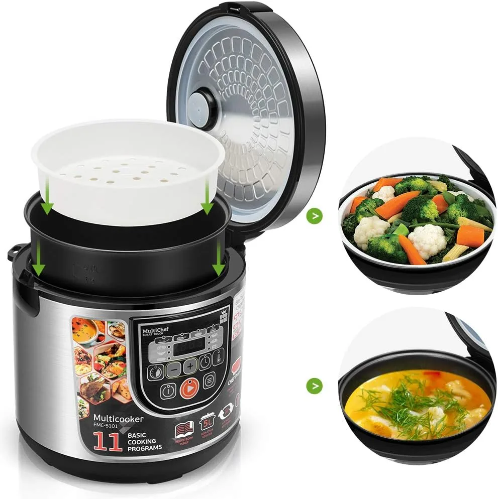 ForMe Robot de Cocina Multifunción 5L 860W Olla Programable Arrocera I 11 Menús Preconfigurados Función Mantener Caliente Hasta 24h I Temporizador de Retardo I Olla Baja Temperatura Inox Multicooker foto 3