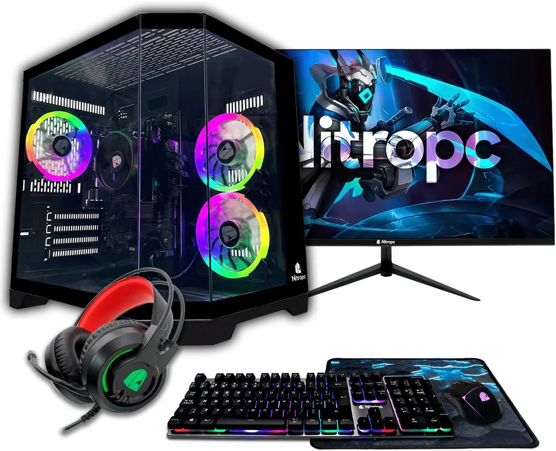 NitroPC - Pack Avanzado | PC Gaming Completo (AMD Ryzen 5 3400G 4.4GHz, RX Vega 11, RAM 16GB, 480 GB SSD, Windows 11 Pro | WiFi, Monitor 24", Teclado, ratón, Auriculares) Ordenador sobremesa (Negro)