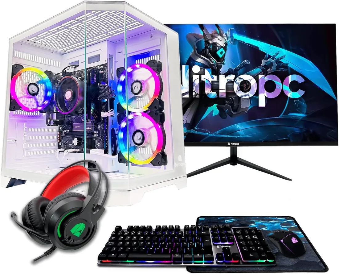 NitroPC - Pack Avanzado | PC Gaming Completo (AMD Ryzen 5 3400G 4/8, RX Vega 11, RAM 16GB, 480 GB SSD, Windows 11 Pro| WiFi, Monitor 24", Teclado, ratón, Auriculares) Ordenador sobremesa (Blanco)