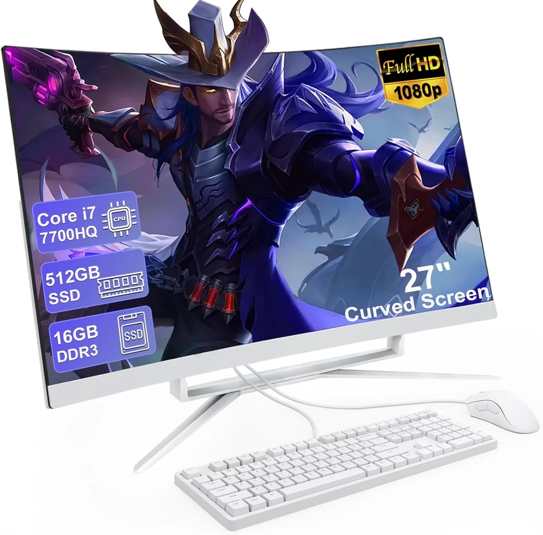27 Pulgadas Ordenador Todo en uno Pantalla FHD Curvada Ordenador Todo en uno Core i7 16GB DDR 512GB ROM SSD Bluetooth5.3 WiFi de Doble Banda con ratón y Teclado con Cable
