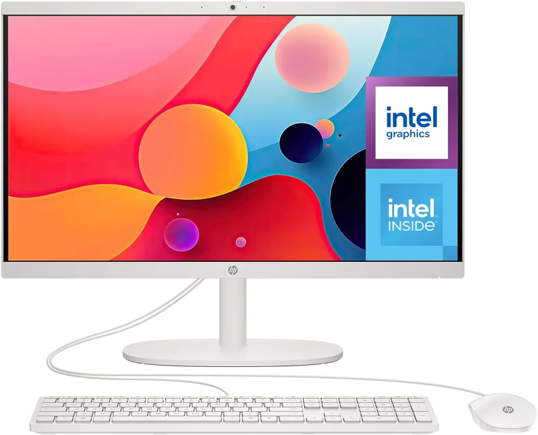 HP All-in-One 22-dg0038ns - Ordenador de 21.5" (Intel N100, 8GB RAM, 256GB SSD, Intel UHD Graphics, FreeDos) - White - Teclado QWERTY Español