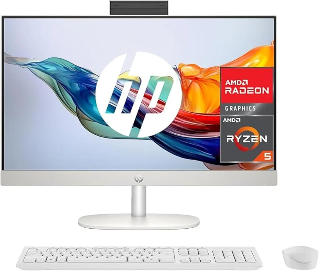 HP All-in-One 27-cr0008ss - Ordenador de sobremesa 27" Full HD con cámara, Teclado y ratón inalámbricos (AMD Ryzen 5 7520U, 16GB RAM, 512GB SSD, AMD Radeon Graphics, sin SO) Blanco