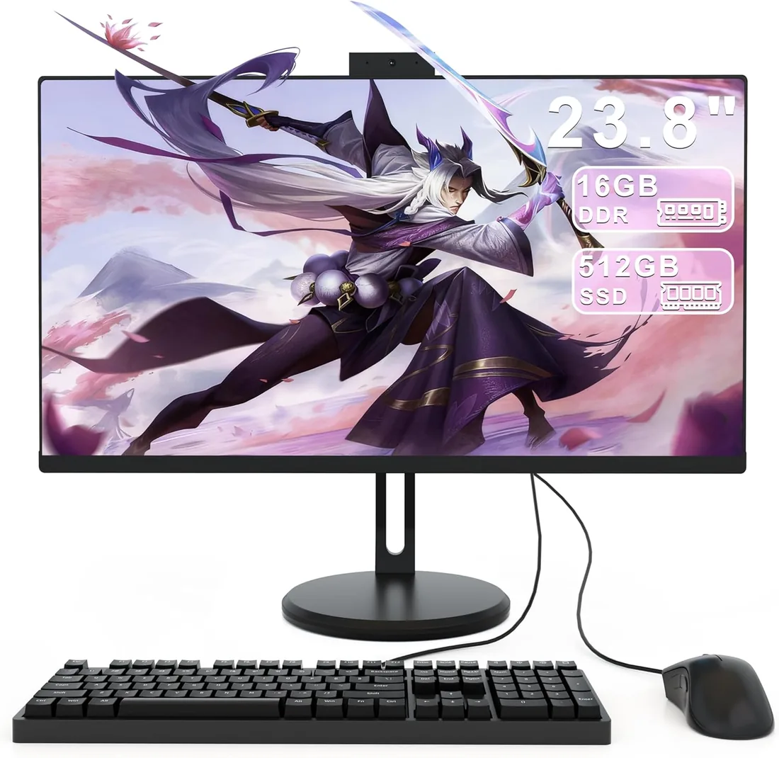 Ordenador Todo-en-uno de 23,8 Pulgadas, Core i5 7300 (hasta 3,5 GHz), PC de Escritorio Todo en uno con cámara emergente Webcam 16 GB de RAM, SSD 512 GB, Pantalla IPS HD, WiFi6 Doble Banda