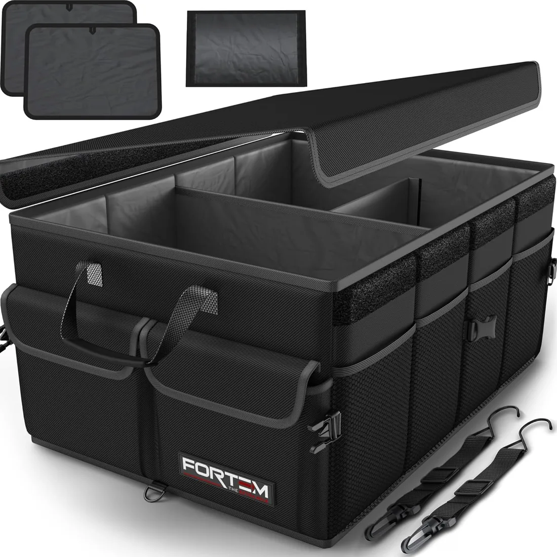 FORTEM Organizador Maletero Coche, Caja Plegable, Accesorios Coche 50L | Base Antideslizante, Correas Ajustables, Varios Compartimentos, Muy Resistente