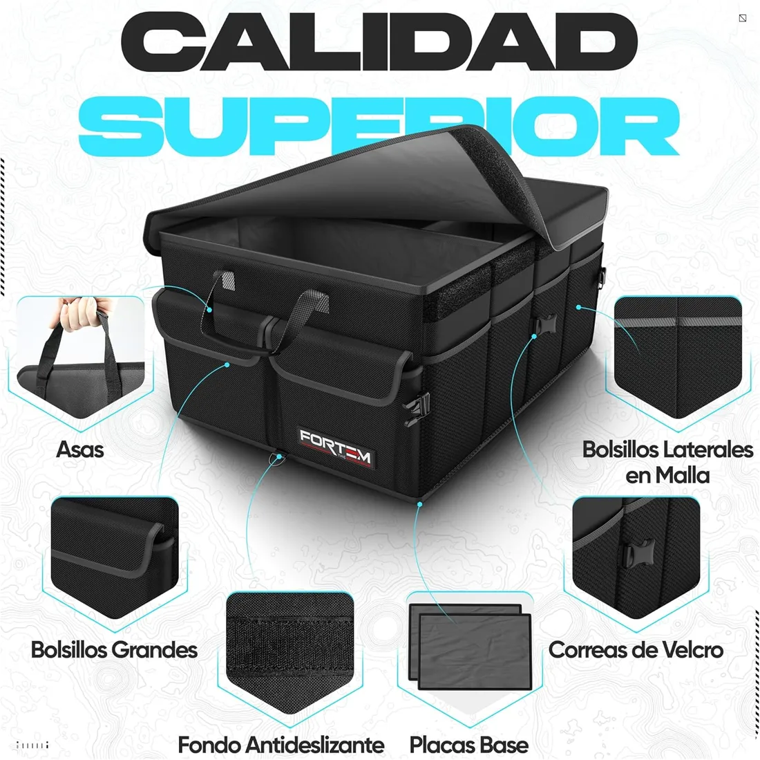FORTEM Organizador Maletero Coche, Caja Plegable, Accesorios Coche 50L | Base Antideslizante, Correas Ajustables, Varios Compartimentos, Muy Resistente foto 2