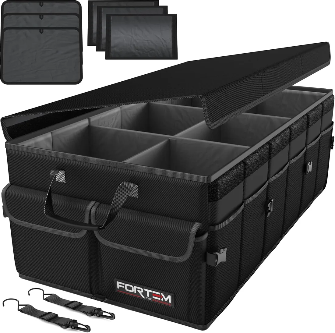 FORTEM Organizador Maletero Coche, Caja Plegable, Accesorios Coche 85L | Base Antideslizante, Correas Ajustables, Varios Compartimentos, Muy Resistente