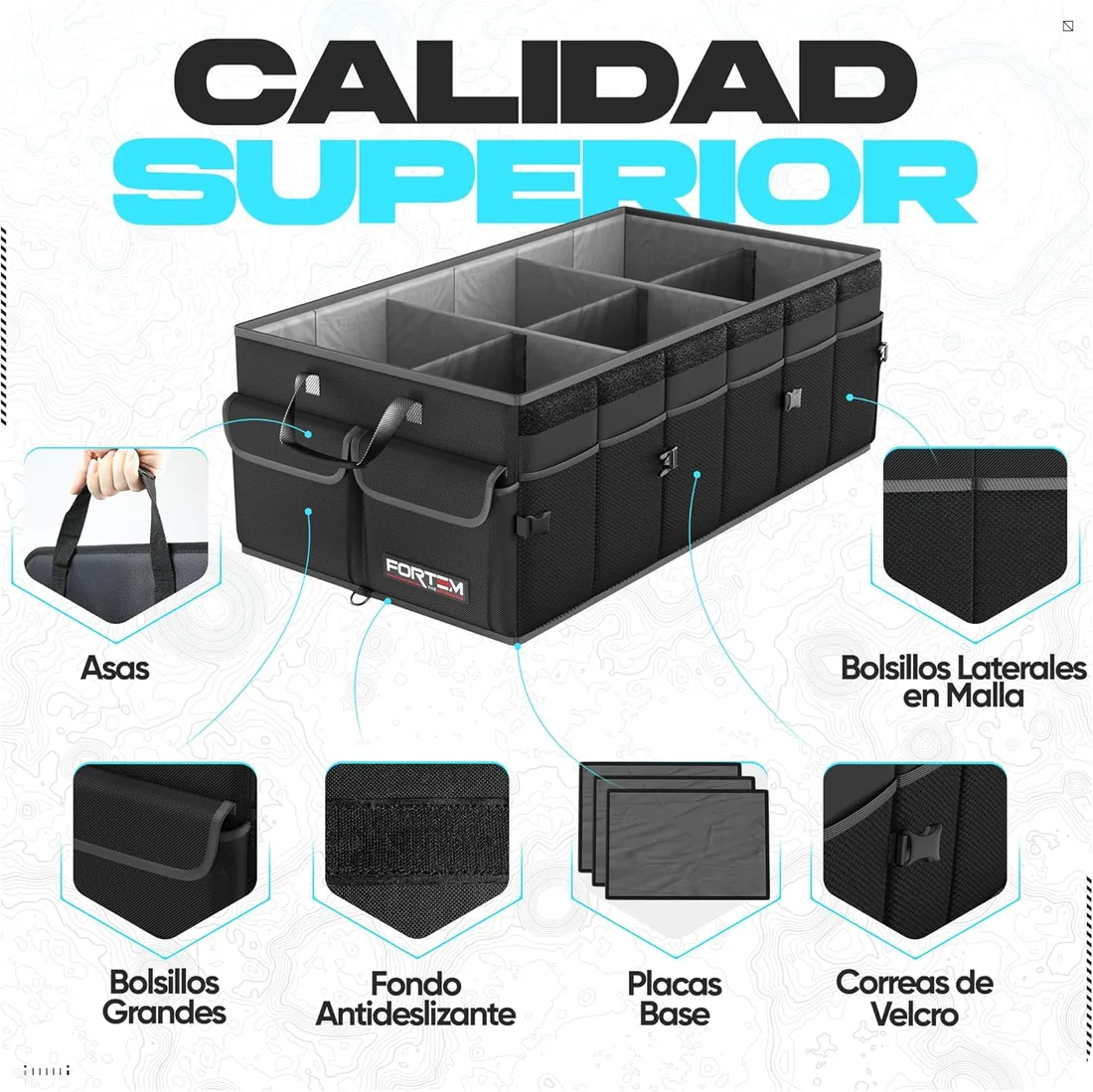 FORTEM Organizador Maletero Coche, Caja Plegable, Accesorios Coche 85L | Base Antideslizante, Correas Ajustables, Varios Compartimentos, Muy Resistente foto 2