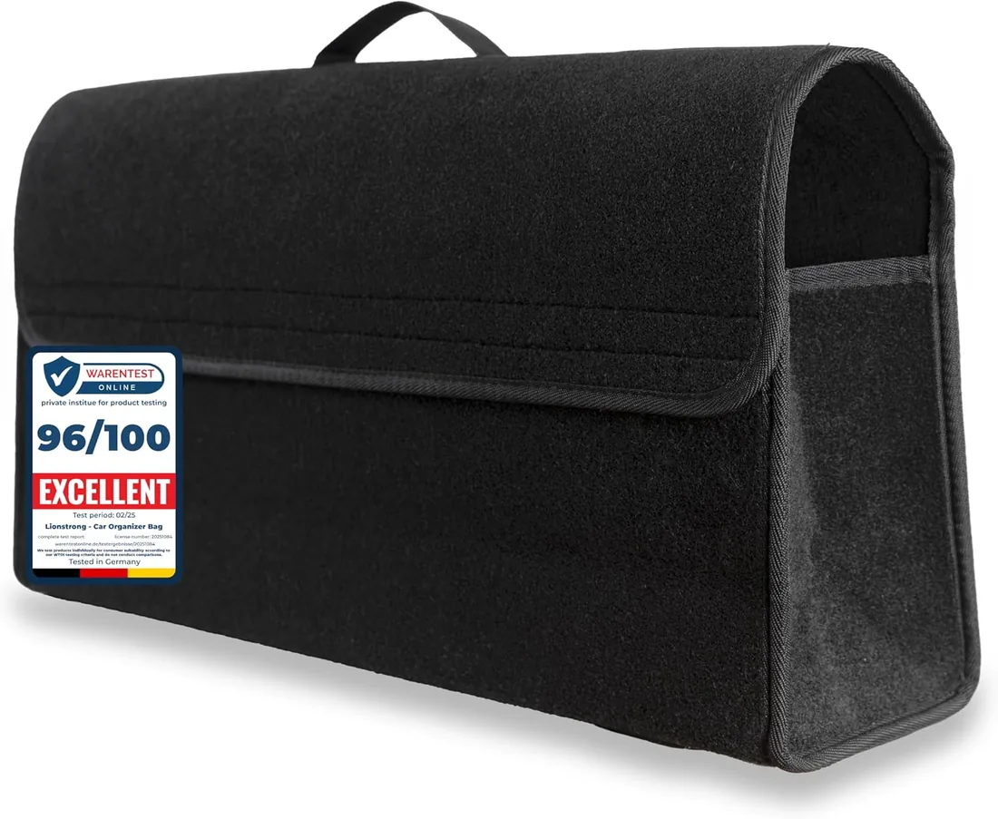 LIONSTRONG® Bolsa de Maletero de Coche [FELTRO PREMIUM] - negro, grande | Plegable - Con Cintas autoadherentes antideslizantes - Bolsa de Herramientas - Universalmente Compatible