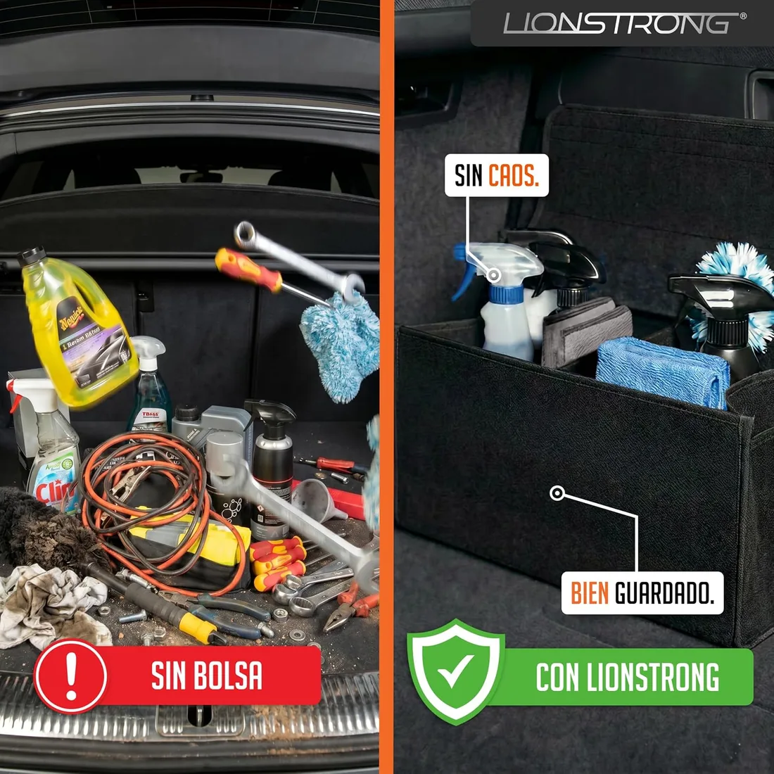 LIONSTRONG® Bolsa de Maletero de Coche [FELTRO PREMIUM] - negro, grande | Plegable - Con Cintas autoadherentes antideslizantes - Bolsa de Herramientas - Universalmente Compatible foto 3