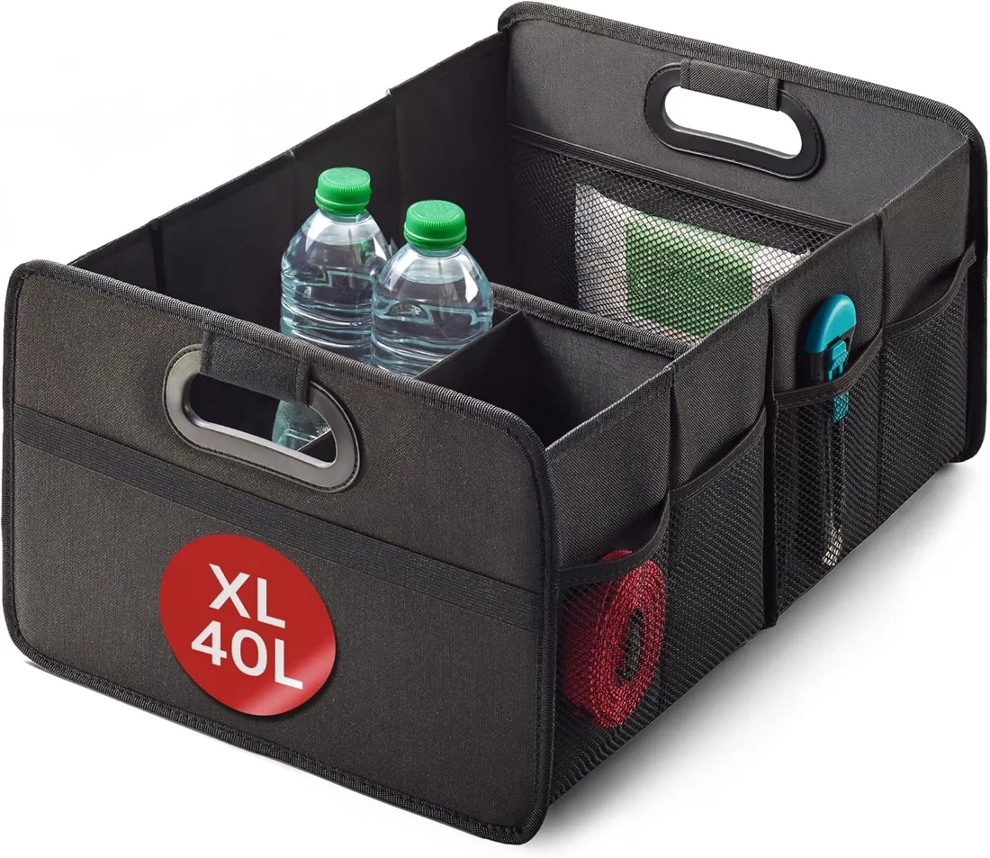 Praknu Organizador Maletero Plegable 40 L – Caja para Maletero de Coche | Base antideslizante con topes de goma, 5 bolsillos, menos de 1 kg, repelente al agua, asas acolchadas, maleteros pequeños