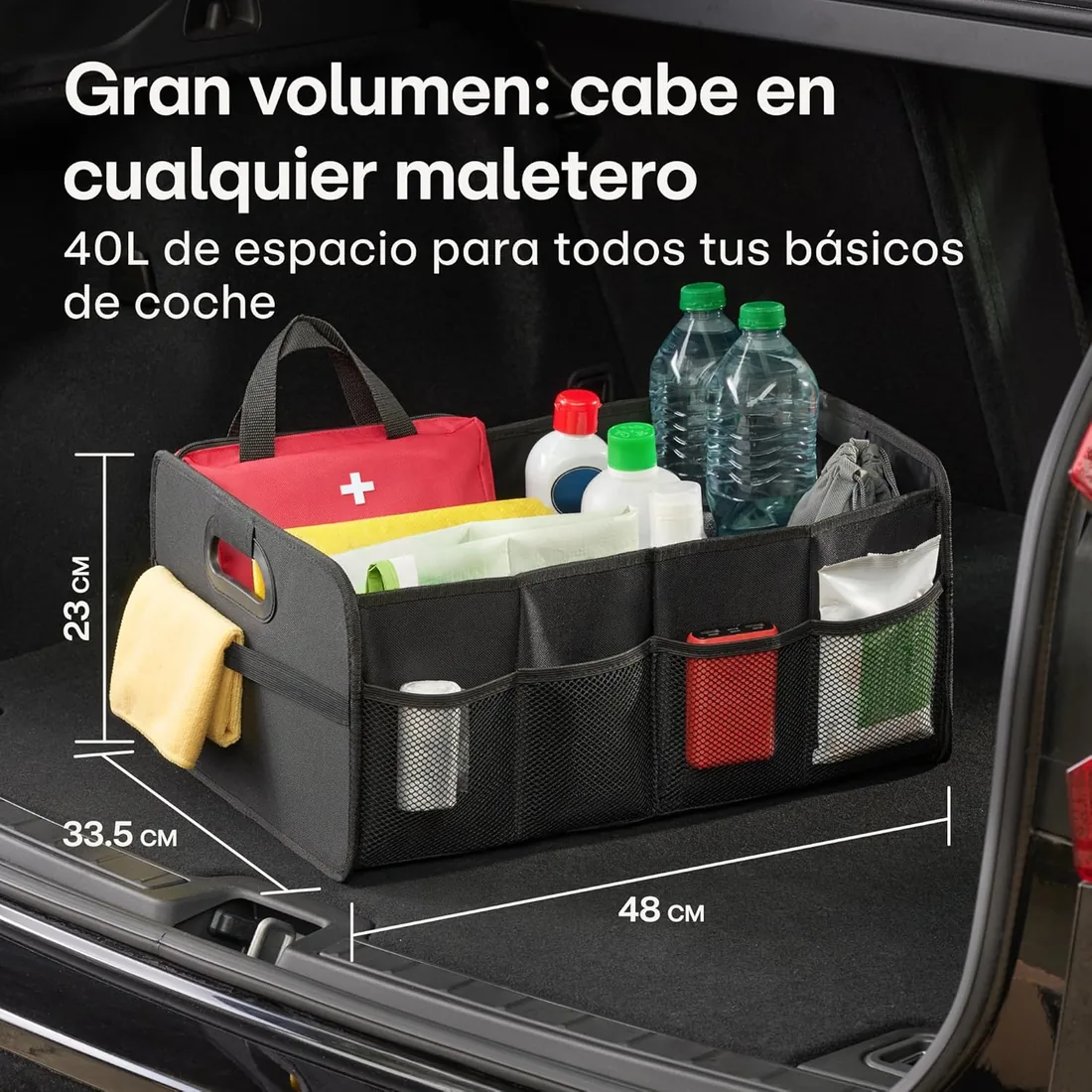 Praknu Organizador Maletero Plegable 40 L – Caja para Maletero de Coche | Base antideslizante con topes de goma, 5 bolsillos, menos de 1 kg, repelente al agua, asas acolchadas, maleteros pequeños foto 2