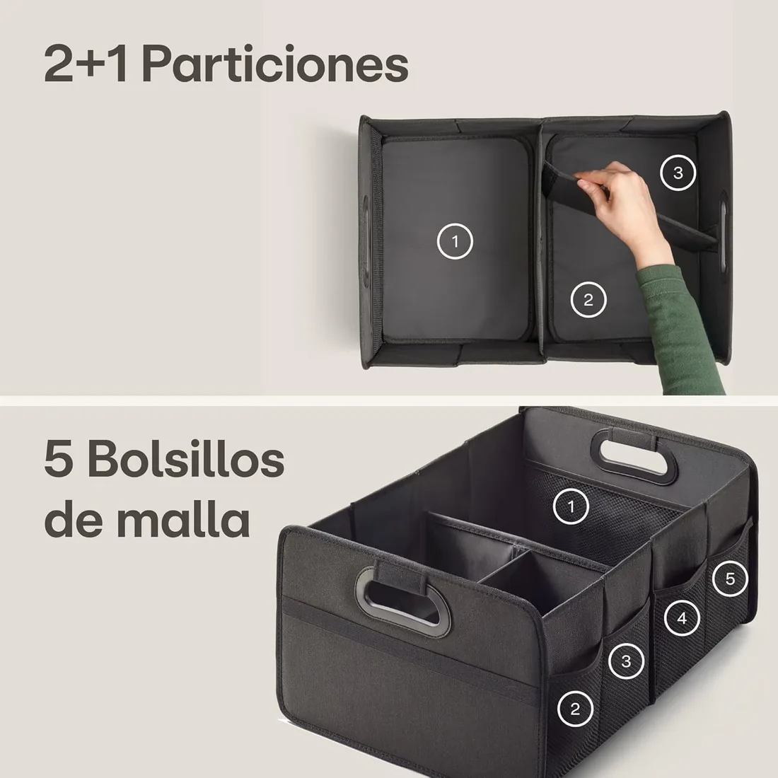 Praknu Organizador Maletero Plegable 40 L – Caja para Maletero de Coche | Base antideslizante con topes de goma, 5 bolsillos, menos de 1 kg, repelente al agua, asas acolchadas, maleteros pequeños foto 3