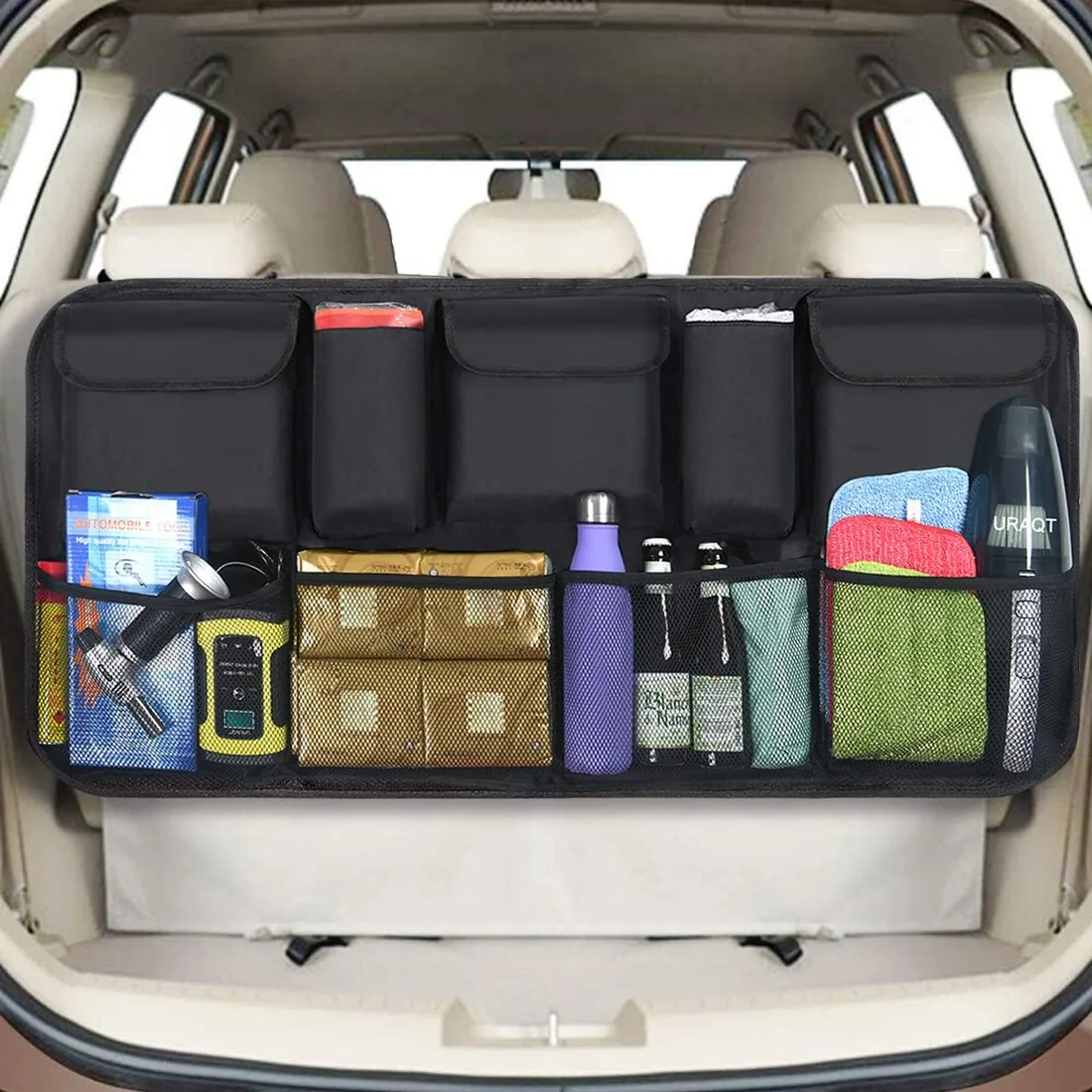 URAQT Organizador Maletero Coche, Bolsas para Maletero delCoche Malla Coche | con 9 Bolsillos,Correa Ajustable y 3 Cinta de Fijación, Adecuado para SUV, MVP, 52x105cm
