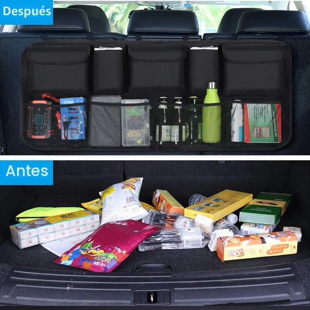 URAQT Organizador Maletero Coche, Bolsas para Maletero delCoche Malla Coche | con 9 Bolsillos,Correa Ajustable y 3 Cinta de Fijación, Adecuado para SUV, MVP, 52x105cm foto 2