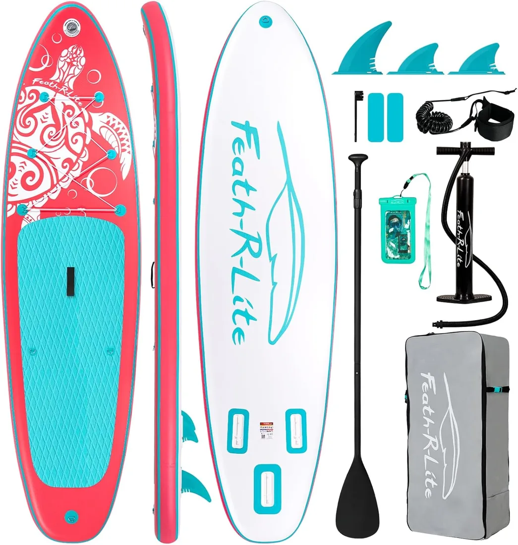 FEATH-R-LITE Tabla de Paddle Surf Hinchable Ultraligera, con Remo Ajustable, Bomba, Mochila, Leash y Aletas, para Principiantes y Avanzados