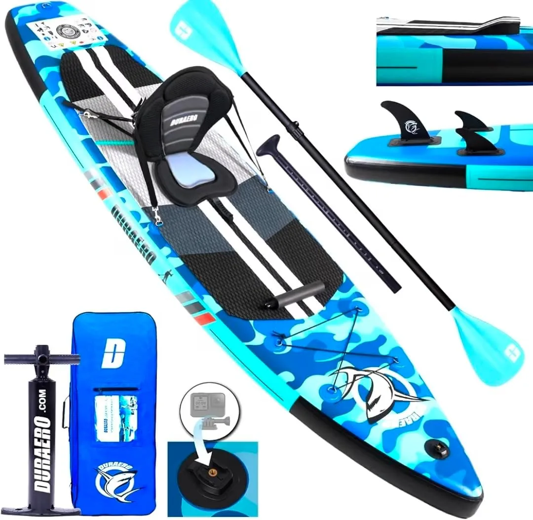 Tabla Hinchable de Paddle Surf con Asiento de Kayak, 330 x 76 x 15 cm, hasta 150 kg, Almohadilla Integrada, Aleta Desmontable, Doble Remo Ajustable, Kit de Reparación, Camuflaje Azul