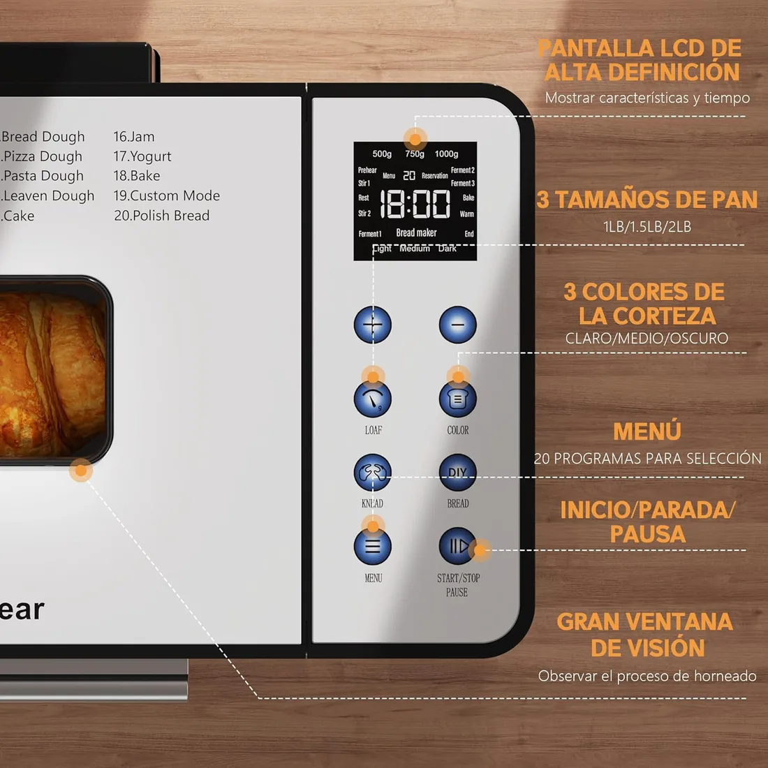 Karinear Panificadora 1000g, Multifuncional: 20 Funciones Preprogramadas | Retraso Preprogramado de 15 Horas, Función Para foto 2