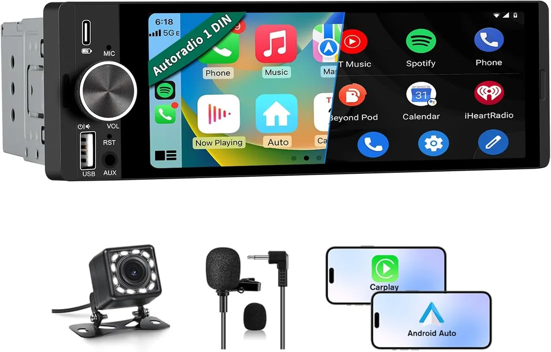 1 DIN Universal Radio Coche con Pantalla Táctil 6.36 Pulgadas, con CarPlay/AndroidAuto, Admite Carga Type-C/USB/Micrófono/FM/EQ/WiFi/GPS/Bluetooth/USB/SWC y Cámara Trasera