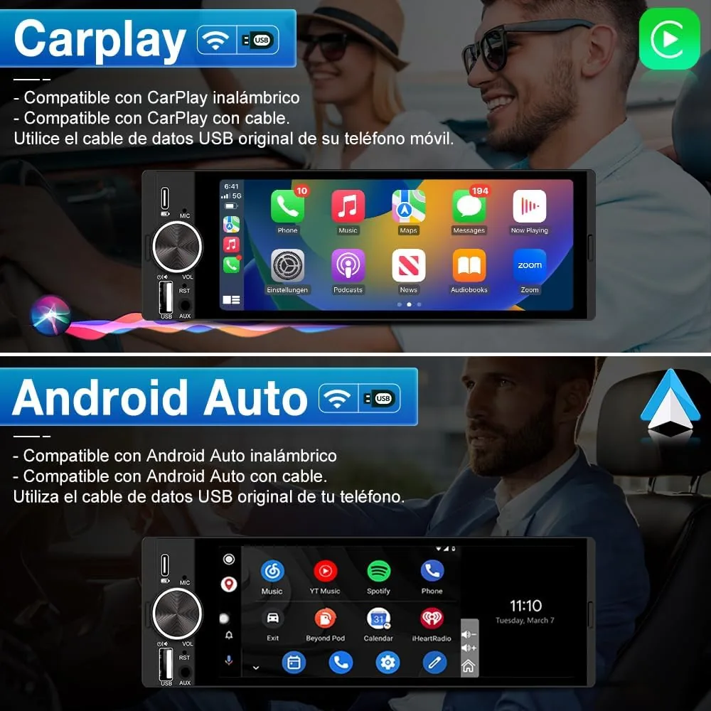 1 DIN Universal Radio Coche con Pantalla Táctil 6.36 Pulgadas, con CarPlay/AndroidAuto, Admite Carga Type-C/USB/Micrófono/FM/EQ/WiFi/GPS/Bluetooth/USB/SWC y Cámara Trasera foto 3