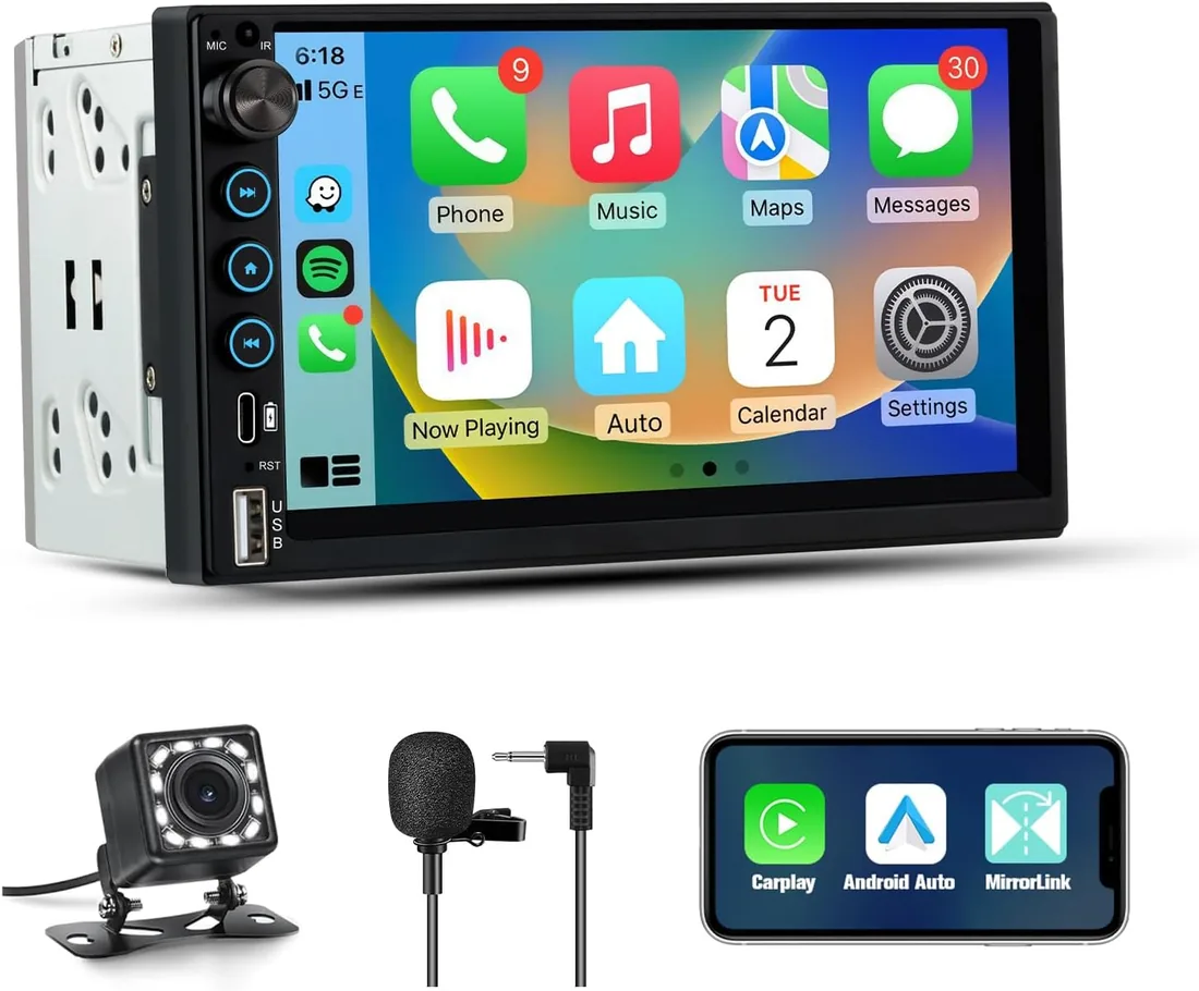7" Radio de Coche 2 DIN Universal con Carplay y Android Auto Inalámbrico