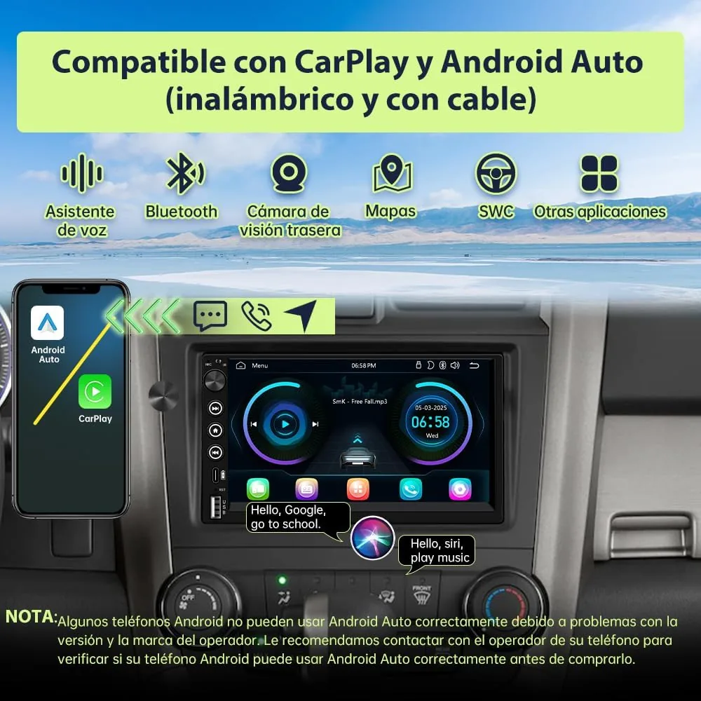 7" Radio de Coche 2 DIN Universal con Carplay y Android Auto Inalámbrico foto 3