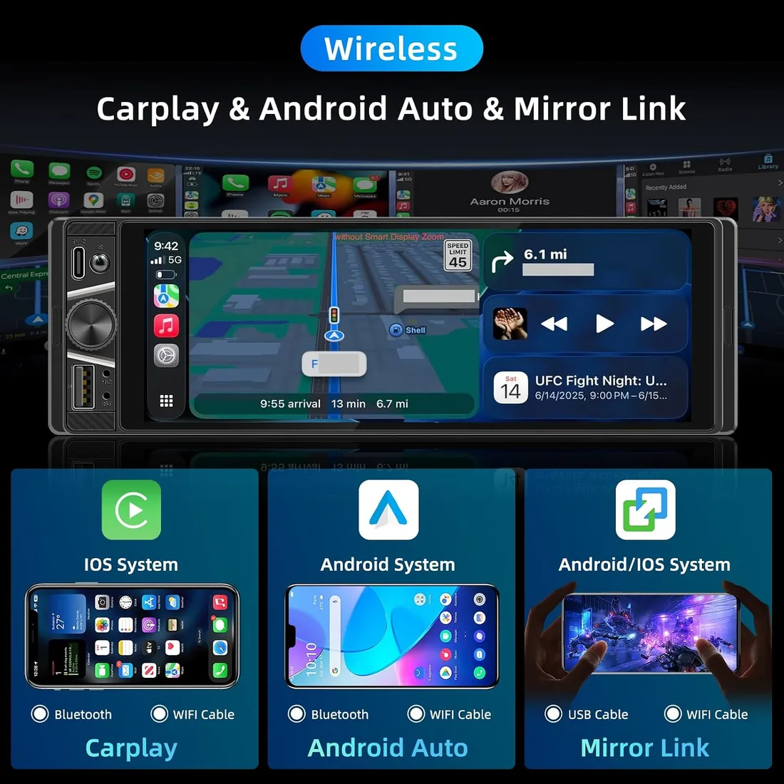 Autoradio 1 DIN con Apple CarPlay y Android Auto Inalámbrico, Pantalla Táctil HD de 6,28 Pulgadas, Radio para Coche con Bluetooth, Mirror Link, USB Tipo C, Cámara Trasera y Micrófono foto 2