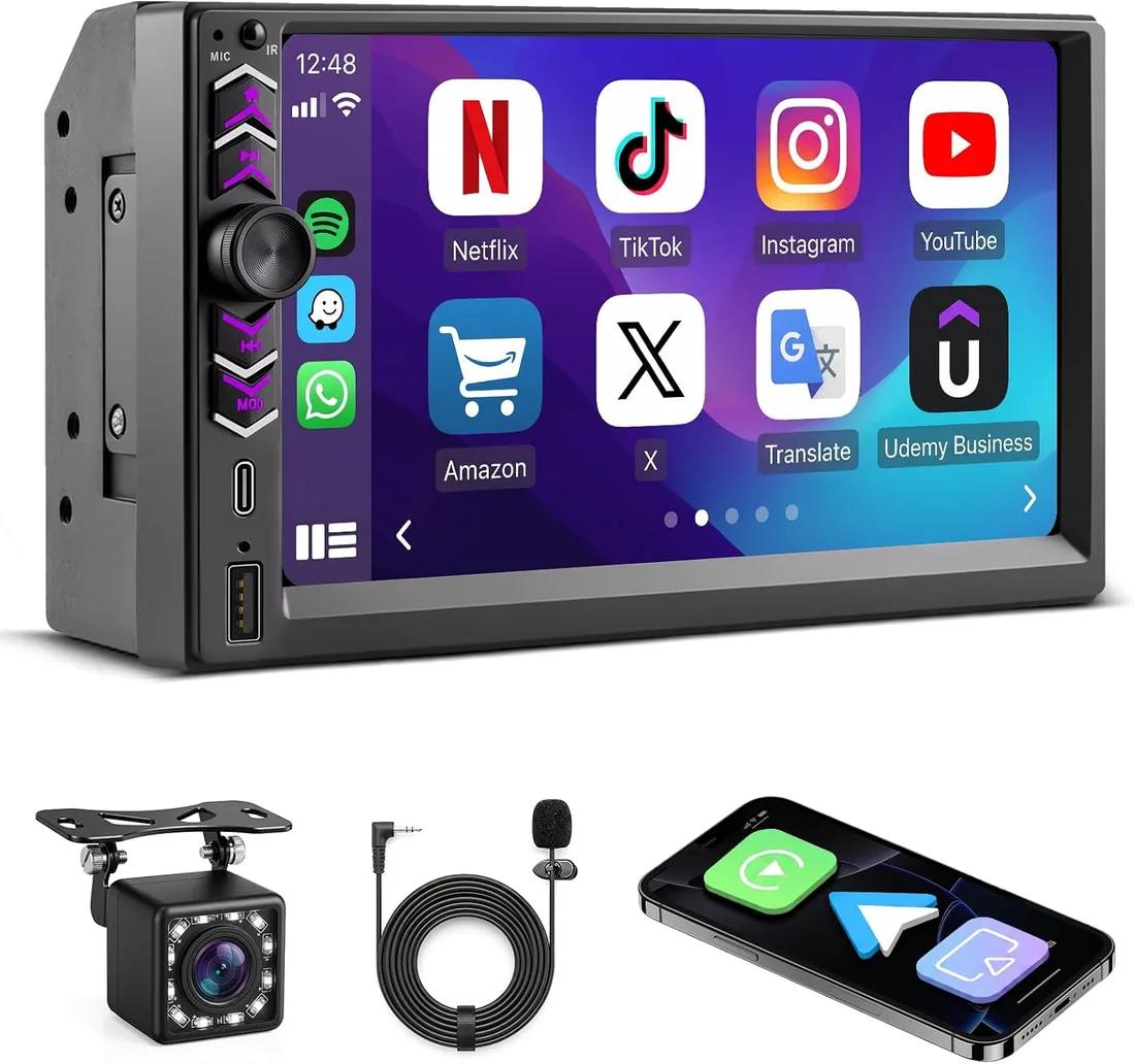 Autoradio 2 DIN con Apple CarPlay y Android Auto Inalámbrico, Pantalla Táctil HD 7", Radio Coche Bluetooth Manos Libres, Mirror Link, Cámara de Marcha Atrás, Control del Volante (SWC), USB, Type-C, FM
