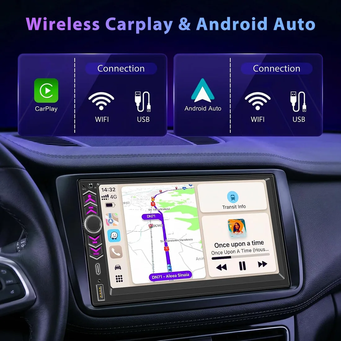 Autoradio 2 DIN con Apple CarPlay y Android Auto Inalámbrico, Pantalla Táctil HD 7", Radio Coche Bluetooth Manos Libres, Mirror Link, Cámara de Marcha Atrás, Control del Volante (SWC), USB, Type-C, FM foto 2