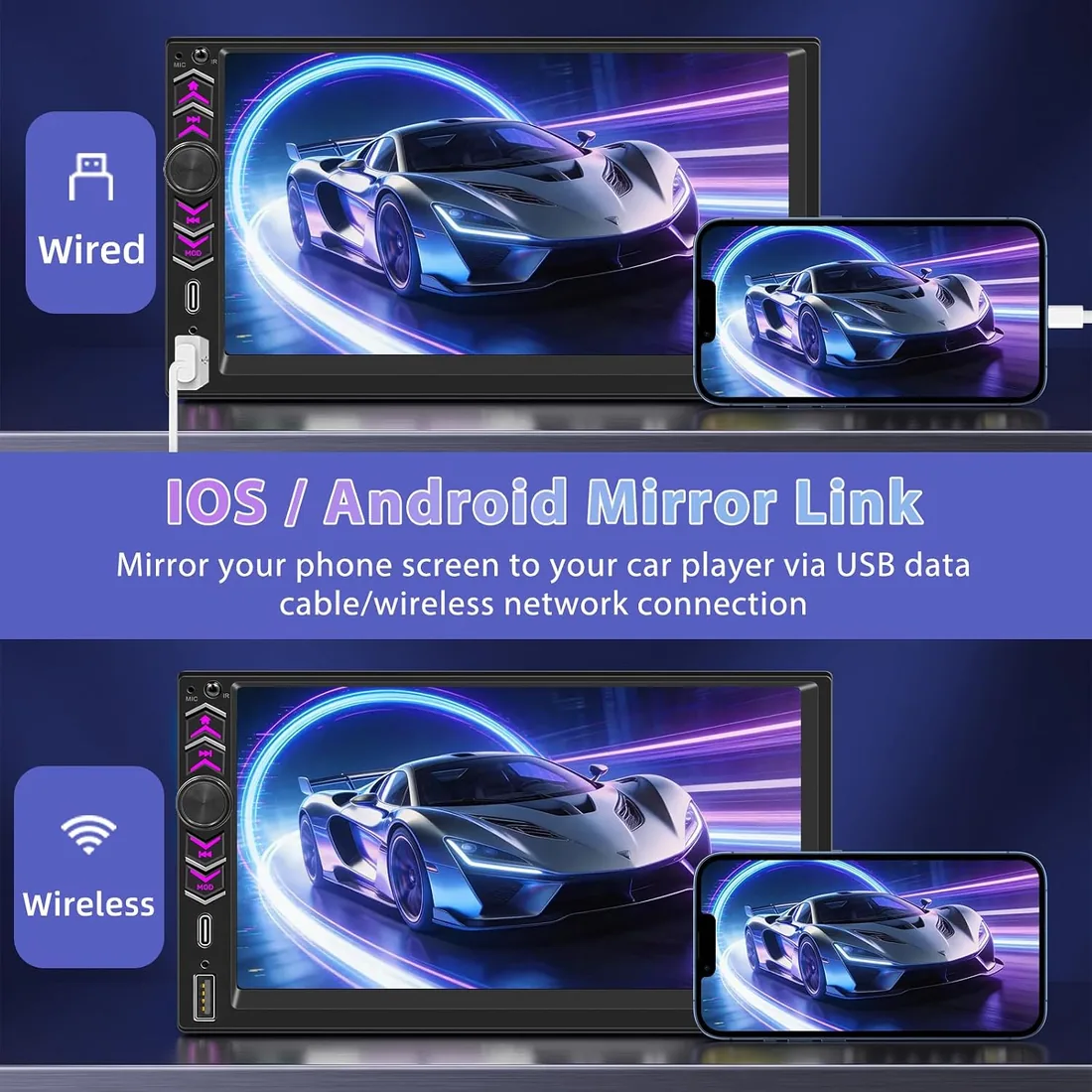 Autoradio 2 DIN con Apple CarPlay y Android Auto Inalámbrico, Pantalla Táctil HD 7", Radio Coche Bluetooth Manos Libres, Mirror Link, Cámara de Marcha Atrás, Control del Volante (SWC), USB, Type-C, FM foto 3