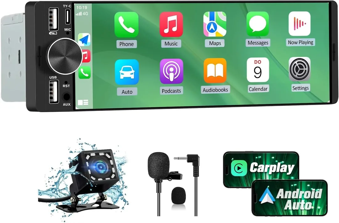 AWESAFE Radio de Coche 1 DIN Universal con Carplay y Android Auto Inalámbrico, Autoradio 1 DIN con Pantalla Táctil de 6.36 Pulgadas y Cámara Trasera, Soporta Bluetooth/Mandos Volante/FM/Double USB