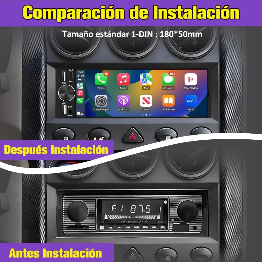 AWESAFE Radio de Coche 1 DIN Universal con Carplay y Android Auto Inalámbrico, Autoradio 1 DIN con Pantalla Táctil de 6.36 Pulgadas y Cámara Trasera, Soporta Bluetooth/Mandos Volante/FM/Double USB foto 2