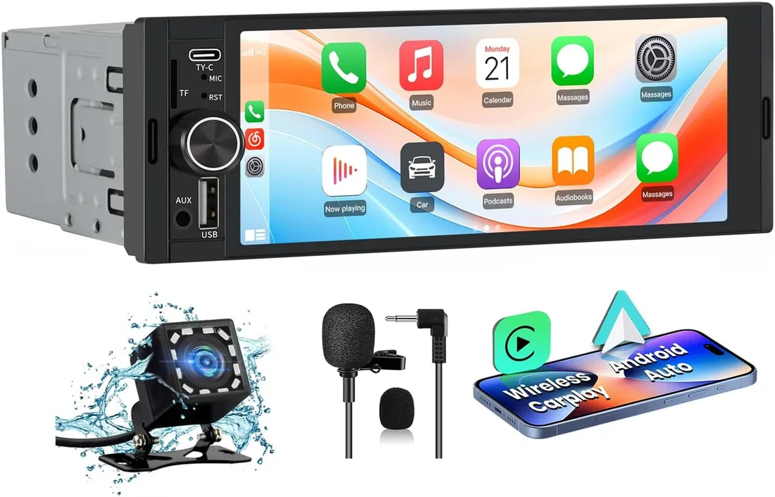 Junsun Radio Coche 1 DIN con CarPlay y Android Auto Inalámbrico, Autoradio con Pantalla Táctil de 6,36" y Cámara Trasera, Admite Bluetooth, FM, USB, TF, DSP y Mandos al Volante
