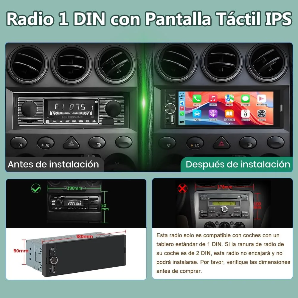 Junsun Radio Coche 1 DIN con CarPlay y Android Auto Inalámbrico, Autoradio con Pantalla Táctil de 6,36" y Cámara Trasera, Admite Bluetooth, FM, USB, TF, DSP y Mandos al Volante foto 2