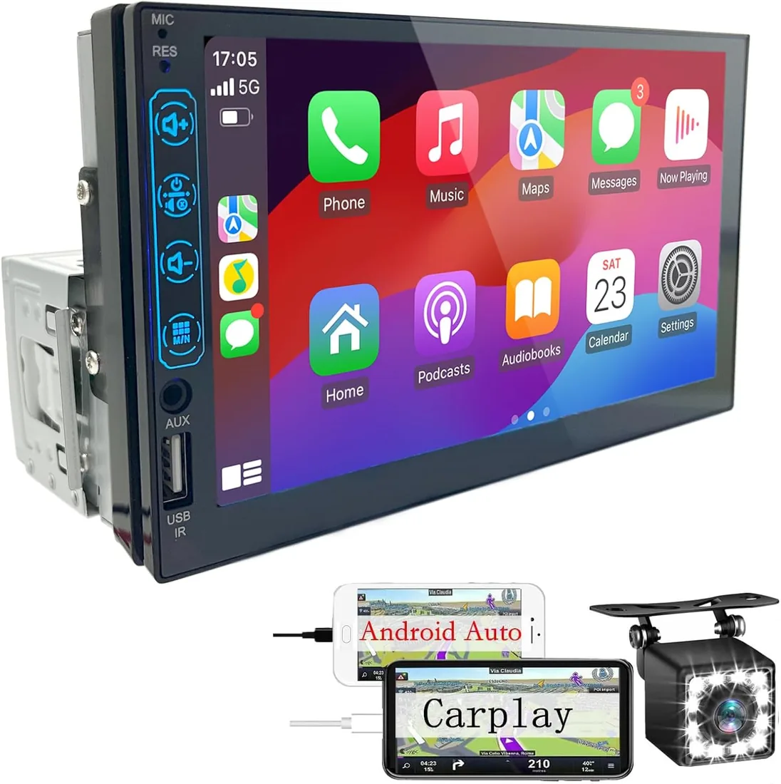 Radio Coche 1 DIN con CarPlay y Android Auto - Pantalla Táctil de 7 Pulgadas, Autoradio con Bluetooth y Soporte Mirror Link para iOS/Android con Cámara de Respaldo