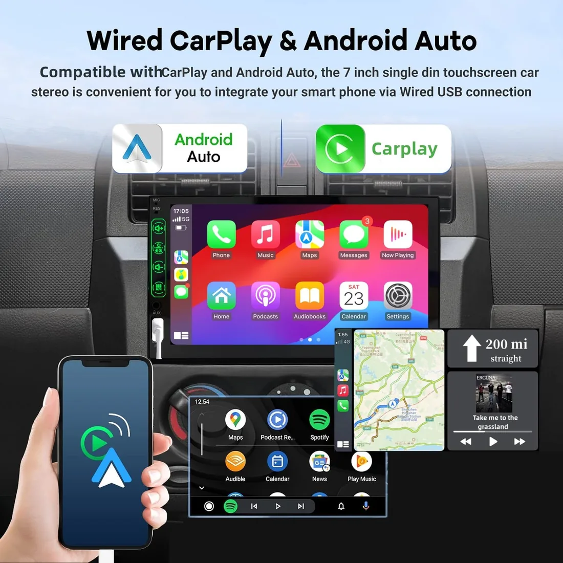 Radio Coche 1 DIN con CarPlay y Android Auto - Pantalla Táctil de 7 Pulgadas, Autoradio con Bluetooth y Soporte Mirror Link para iOS/Android con Cámara de Respaldo foto 2