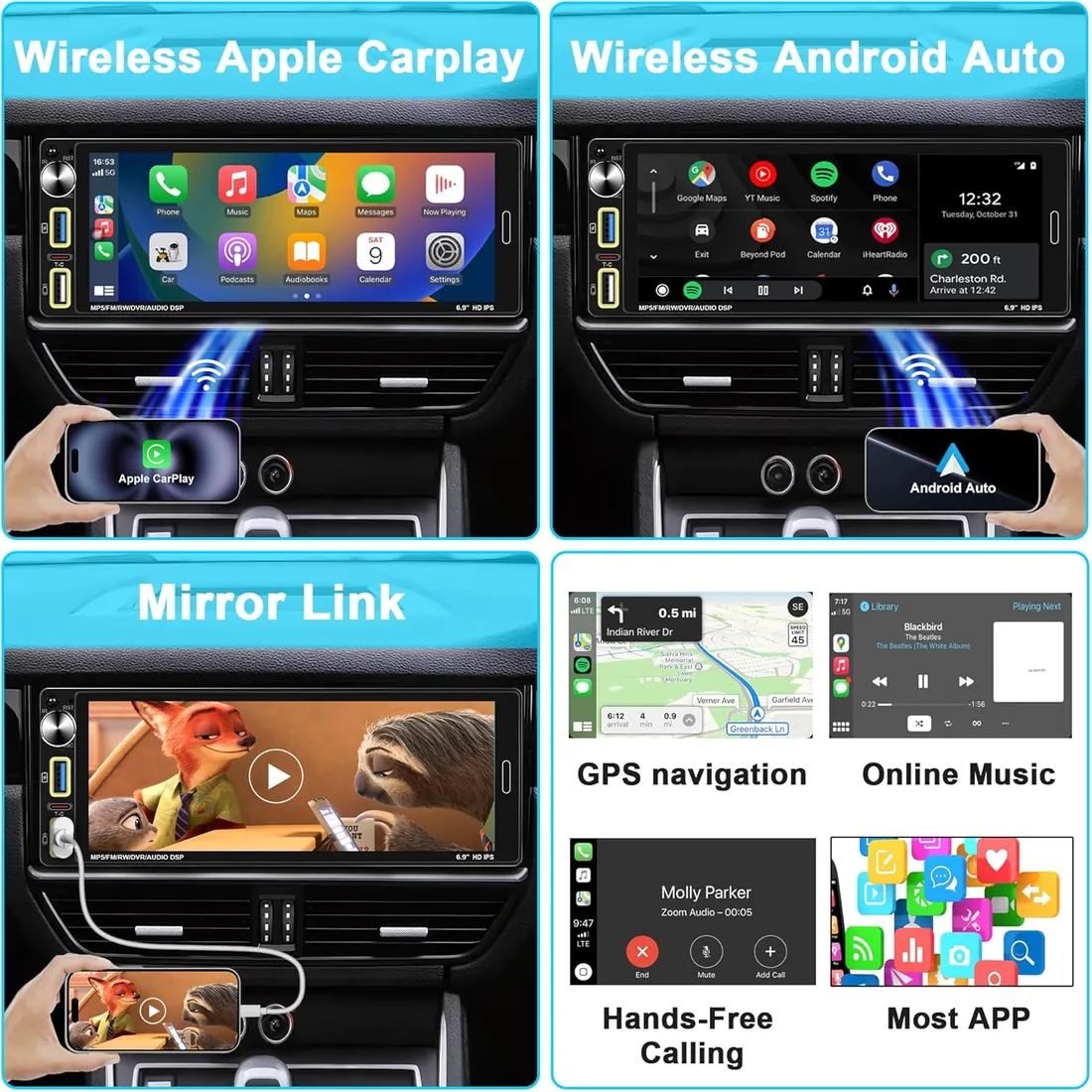 Radio Coche Bluetooth 1 DIN Compatible Apple CarPlay y Android Auto inalámbrico,Reproductor de Pantalla Coche táctil de 6,9’‘,FM/Am/Mirror Link/Tipo C/Bluetooth Manos Libres,cámara de visión Trasera foto 2