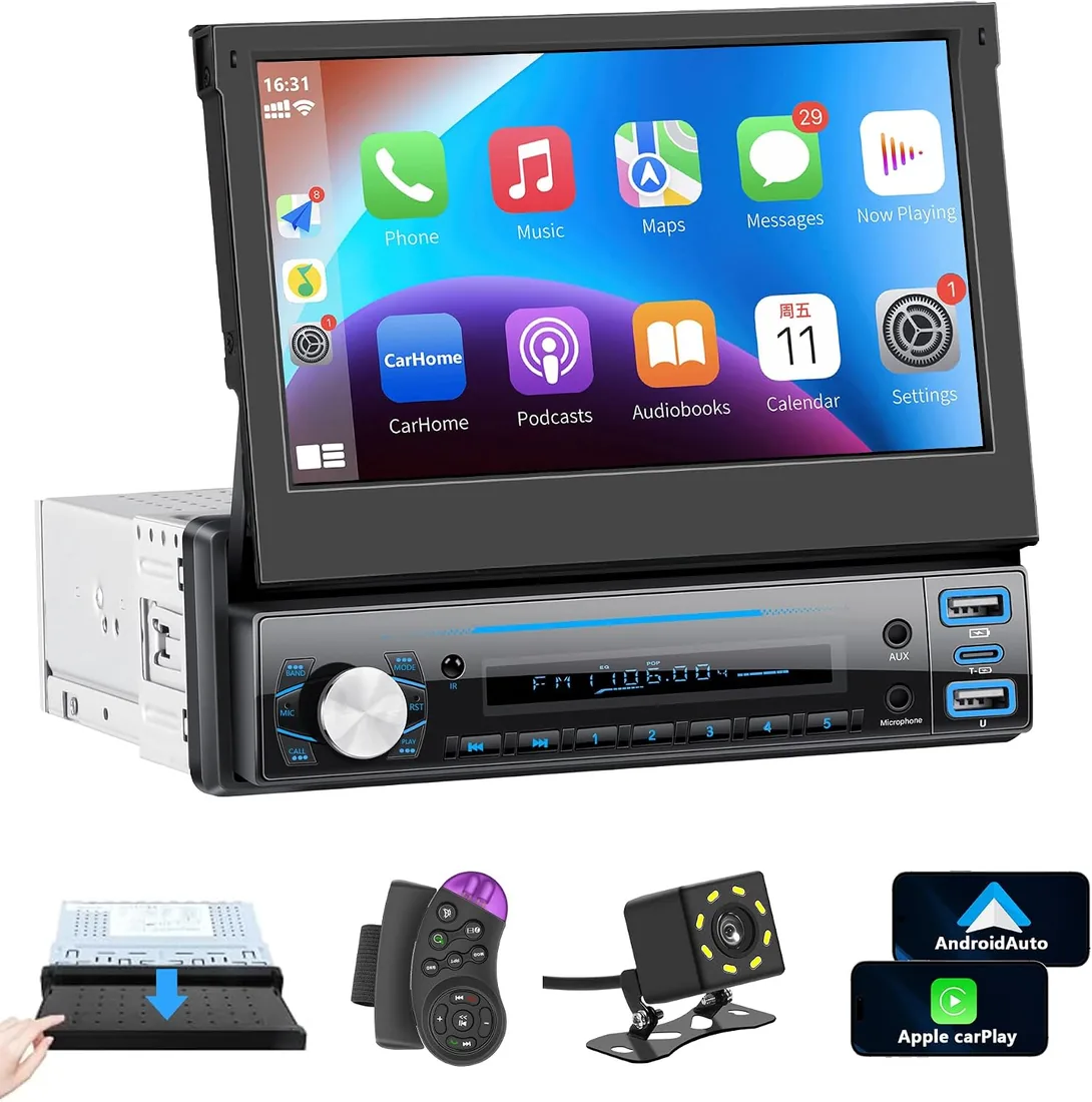 Radio de Coche 1 DIN con Carplay Wireless ＆ Android Auto, estéreo de Oculto con Pantalla de 7 Pulgadas con receptores de de Coche Bluetooth, cámara de Seguridad, Mirror Link, Soporte FM/AUX/EQ