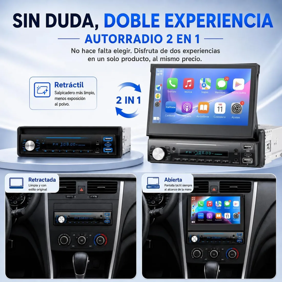 Radio de Coche 1 DIN con Carplay Wireless & Android Auto, estéreo de Oculto con Pantalla de 7 Pulgadas con receptores de de Coche Bluetooth, cámara de Seguridad, Mirror Link, Soporte FM/AUX/EQ foto 2