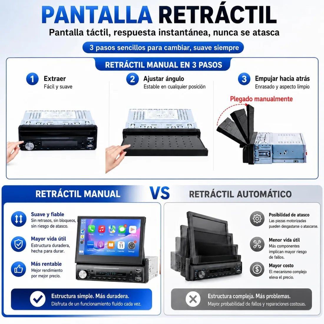 Radio de Coche 1 DIN con Carplay Wireless & Android Auto, estéreo de Oculto con Pantalla de 7 Pulgadas con receptores de de Coche Bluetooth, cámara de Seguridad, Mirror Link, Soporte FM/AUX/EQ foto 3