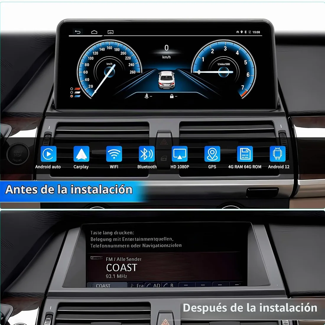 Radio de Coche para BMW X5 X6 E70 E71 2007 2008 2009 con Sistema CCC Android 12 8 Core 4+64 GB con GPS Carplay Sistema Android Auto iDrive, Pantalla Táctil de 10.25 Pulgadas Soporta Tarjeta SIM 4G foto 3