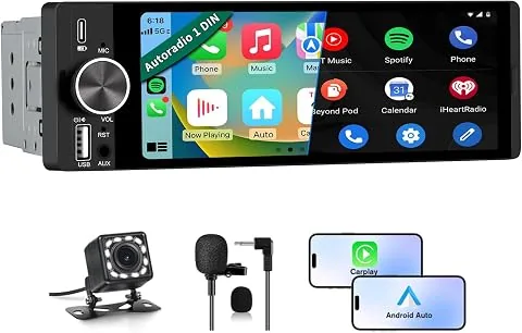 1 DIN Universal Radio Coche con Pantalla Táctil 6.36 Pulgadas, con CarPlay/AndroidAuto, Admite Carga Type-C/USB/Micrófono/FM/EQ/WiFi/GPS/Bluetooth/USB/SWC y Cámara Trasera