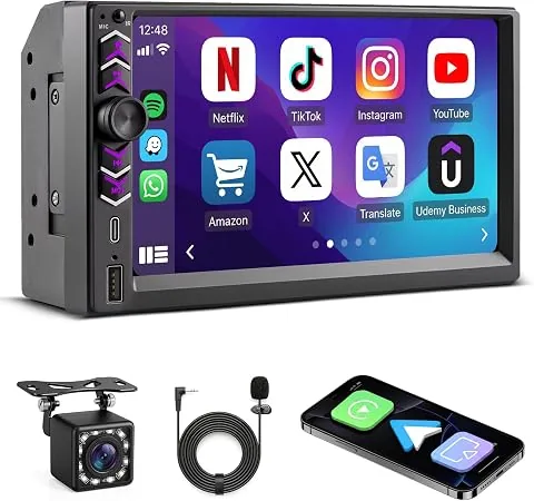 Autoradio 2 DIN con Apple CarPlay y Android Auto Inalámbrico, Pantalla Táctil HD 7", Radio Coche Bluetooth Manos Libres, Mirror Link, Cámara de Marcha Atrás, Control del Volante (SWC), USB, Type-C, FM foto 2
