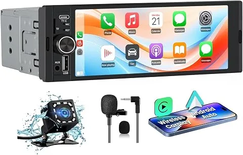 Junsun Radio Coche 1 DIN con CarPlay y Android Auto Inalámbrico, Autoradio con Pantalla Táctil de 6,36" y Cámara Trasera, Admite Bluetooth, FM, USB, TF, DSP y Mandos al Volante