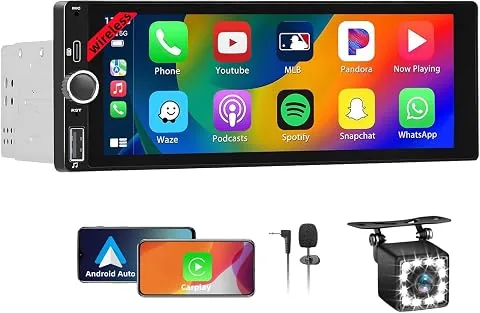 Radio Coche 1 DIN con Carplay Inalámbrico - Pantalla Táctil de 6.86 Pulgadas, Radio CarPlay 1 DIN Soporte Mirror Link para con Cámara de Respaldo, RDS FM Radio/Type-C de Recharge/Mic/SWC