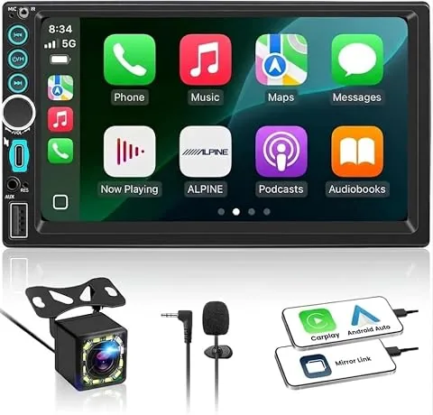 Radio para Coche 2 DIN con Apple CarPlay y Android Auto Inalámbrico, Pantalla Táctil HD 7", Autoradio Bluetooth con Cámara Trasera, Mirror Link, FM, EQ, USB, Tipo-C, SWC, Micrófono, Navegación GPS