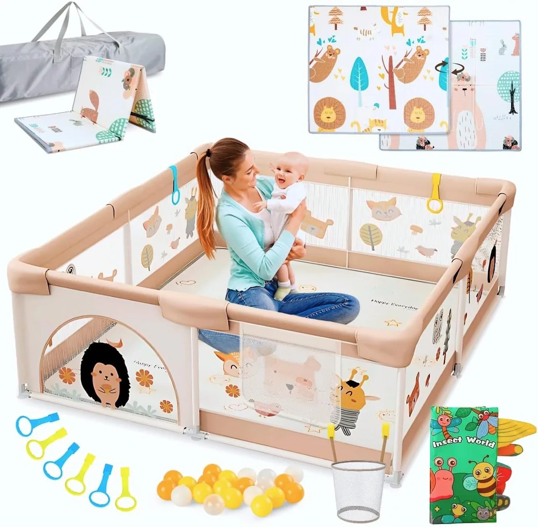 BELLEBEBE - Parque Infantil Bebe - 150x150cm - Corralito bebe con Alfombra Acolchada Plegable + 50 Bolas + Canasta de Juego + Libro Bebe Sensorial de Tela y 6 Agarraderas - Diseño animales del bosque foto 2