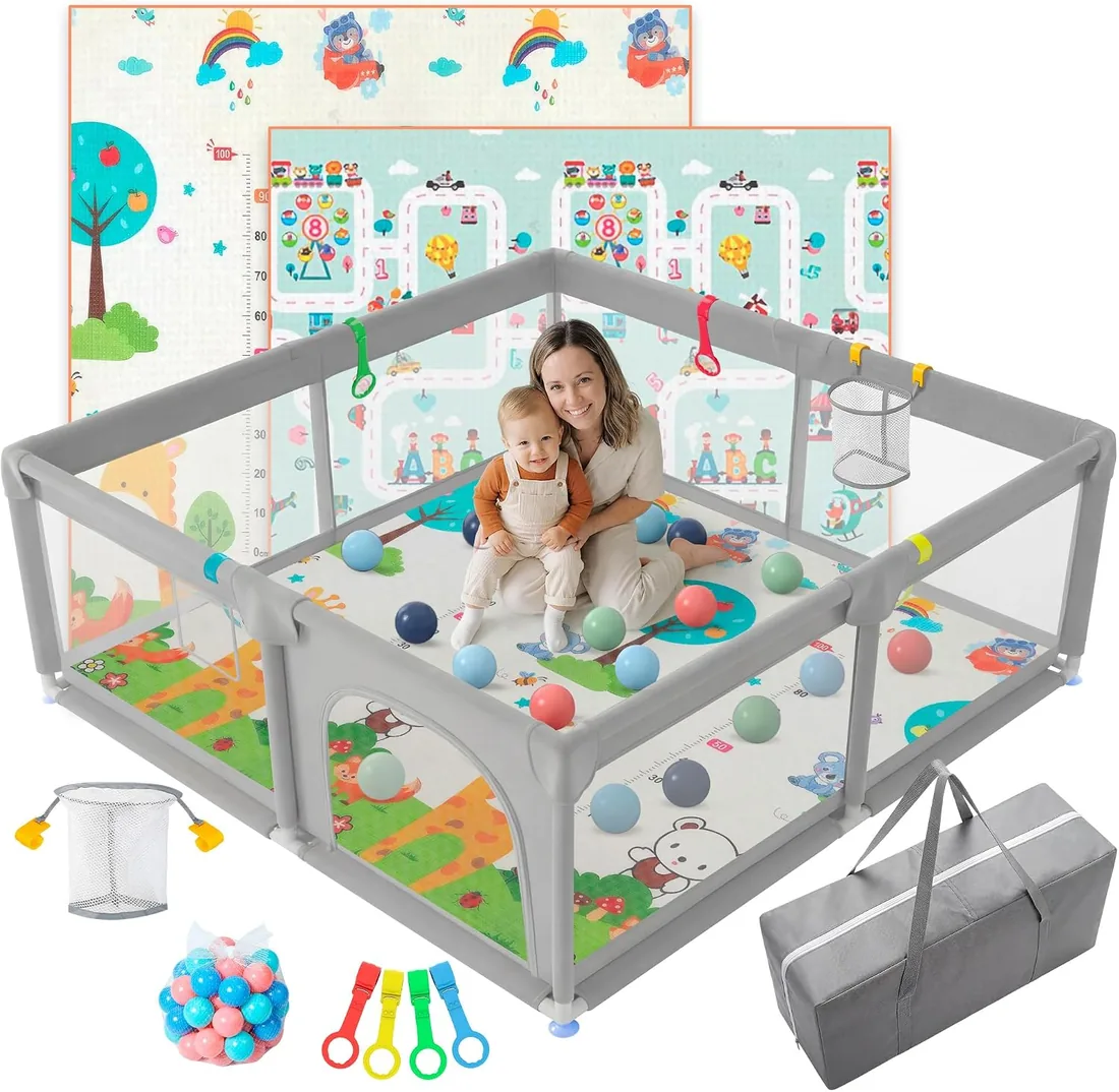 JUPPLIES Parque Infantil Bebe 120x120cm + Alfombra Bebe + Agarraderas + Canasta + 50 Bolas + Bolsas de Transporte | Corralito Bebe con Malla Transpirable (Gris) foto 2
