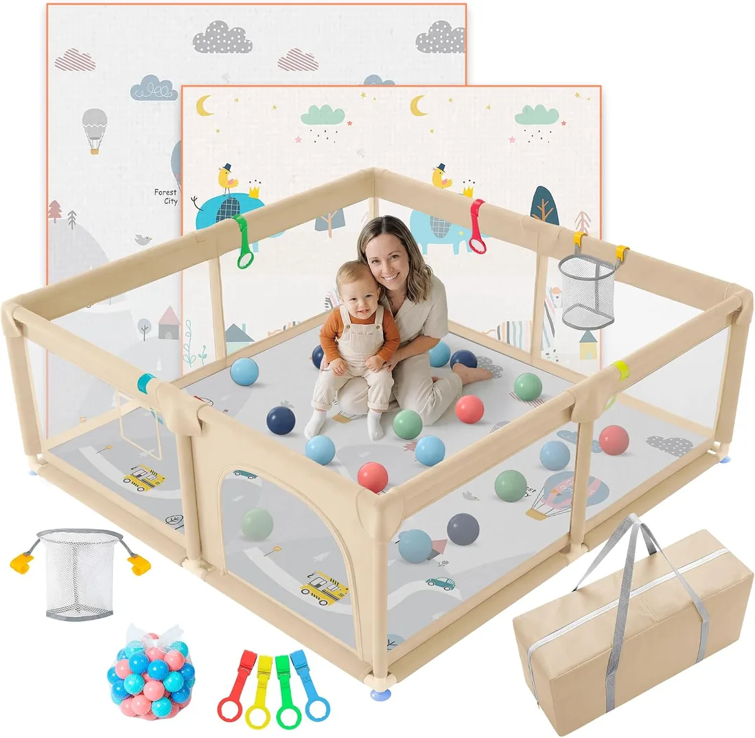 JUPPLIES Parque Infantil Bebe 120x120cm + Alfombra Bebe + Agarraderas + Canasta + 50 Bolas + Bolsas de Transporte | Corralito Bebe con Malla Transpirable (Beige)