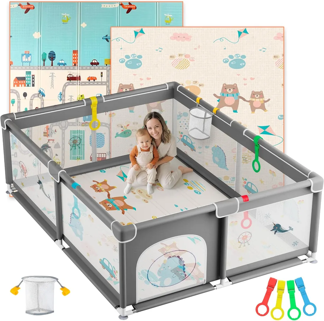 JUPPLIES Parque Infantil Bebe 150x180cm + Alfombra Bebe + Agarraderas + Canasta – Corralito Bebe con Malla Transpirable – Parque de Juegos Bebe Plegable con Puerta Lateral – Playpen Bebe - Gris