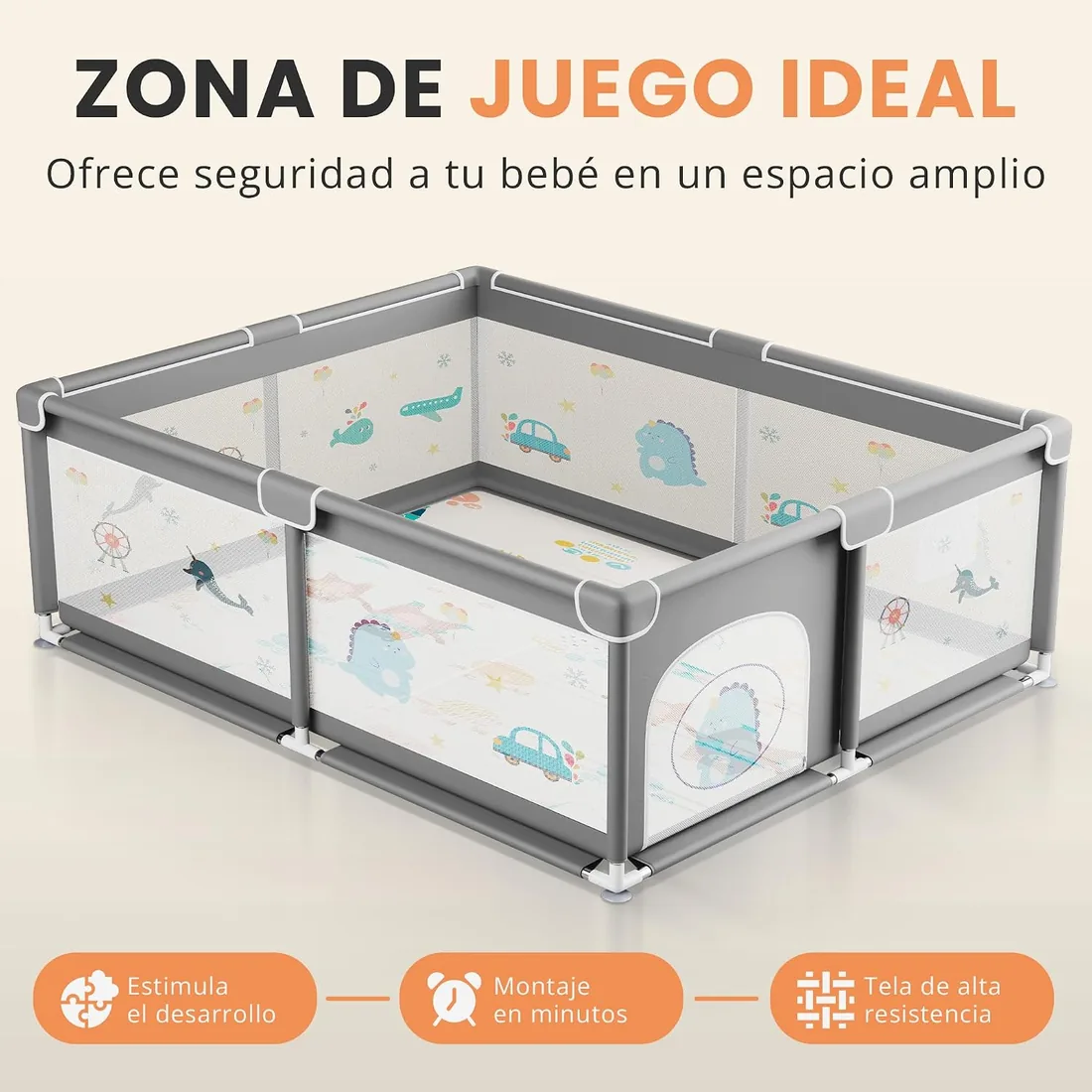 JUPPLIES Parque Infantil Bebe 150x180cm + Alfombra Bebe + Agarraderas + Canasta – Corralito Bebe con Malla Transpirable – Parque de Juegos Bebe Plegable con Puerta Lateral – Playpen Bebe - Gris foto 2